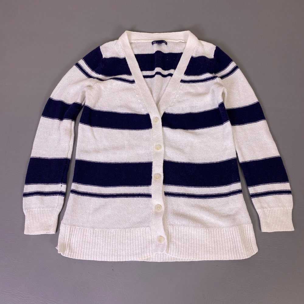 Gap Cardigan Sweater Women's Medium Linen Cotton Striped Navy Blue White V-Neck*